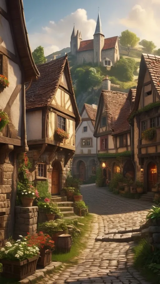 Prompt: A quaint medieval village nestled amidst rolling green hills, bathed in the warm glow of the morning sun. 
Details: Cobblestone streets, charming cottages with flower boxes, villagers stirring and greeting each other, sunlight dappling through leaves.

detailed matte painting, deep color, medieval, fantastical, intricate detail, splash screen, complementary colors, fantasy concept art, 8k resolution trending on Artstation Unreal Engine 5

Professional photography, bokeh, natural lighting, canon lens, shot on dslr 64 megapixels sharp focus