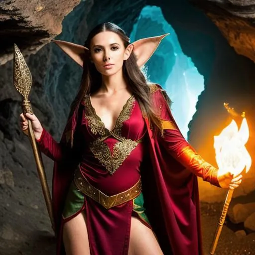 Prompt: 
photo, female elf mage, pointed ears, brunette, dark robes, dynamic pose, casting spell, in cave