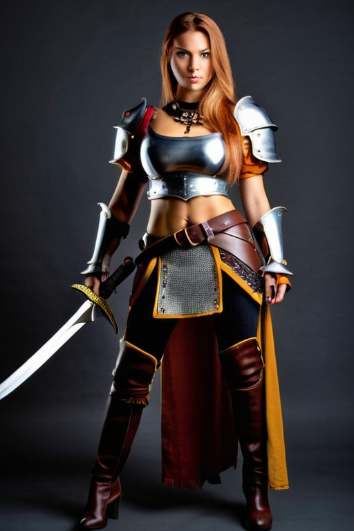 Prompt: full body photo of a female medieval fantasy fighter with weapons