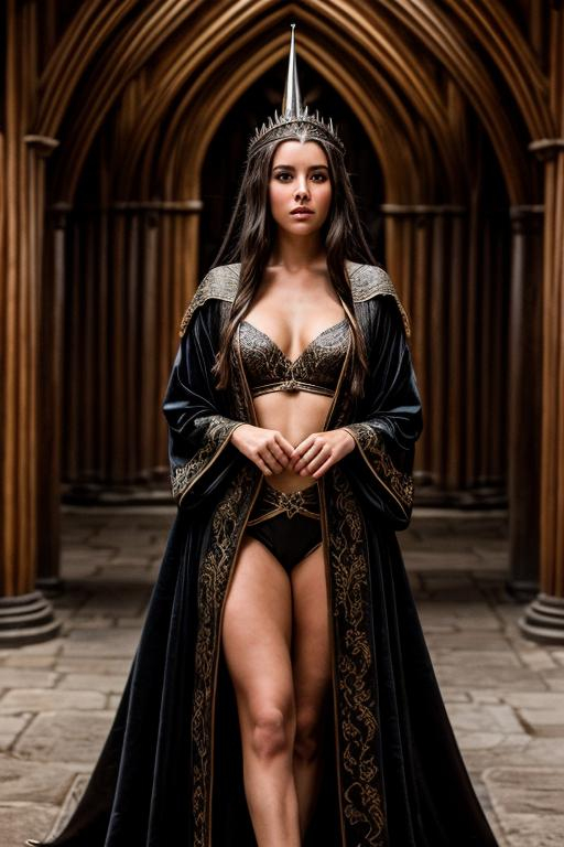 Prompt: photo young female elven mage wearing robes, brunette, pointed ears, in a castle with a 25' long black dragon