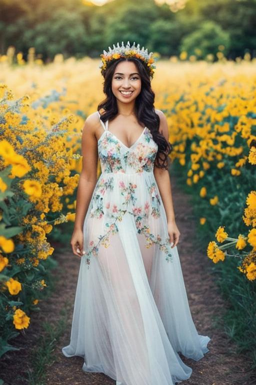 Prompt: beautiful queen of summer, crown of flowers on head, smiling, sheer dress, full body, backlit
