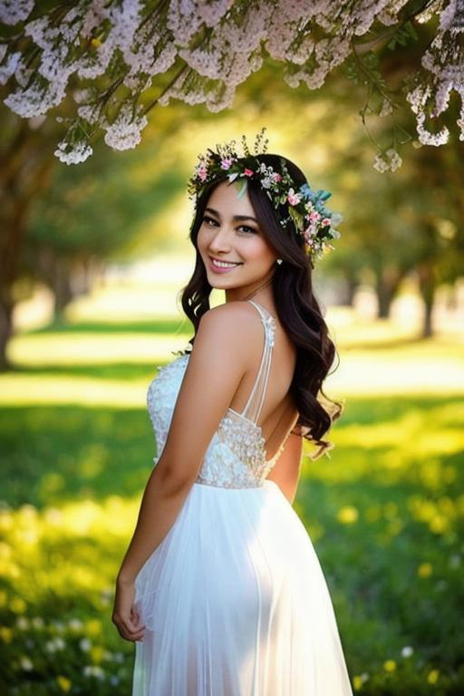 Prompt: beautiful queen of spring, wreath of flowers on head, smiling, sheer dress, full body, backlit
