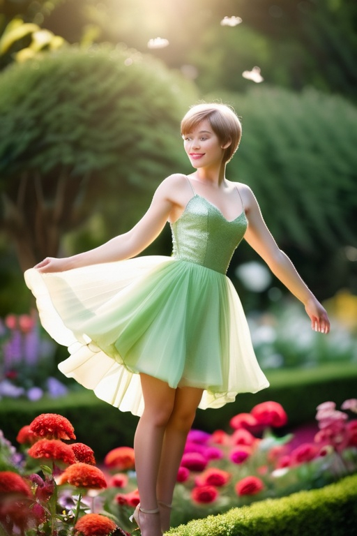 Prompt: A three inch tall woman with short hair, in a short, airy transparent tinker bell dress, flying in a flower garden. Professional photography, bokeh, natural lighting, canon lens, shot on dslr 64 megapixels sharp focus