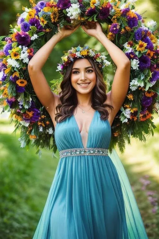 Prompt: beautiful queen of summer, wreath of flowers on head, smiling, sheer dress, full body, backlit
