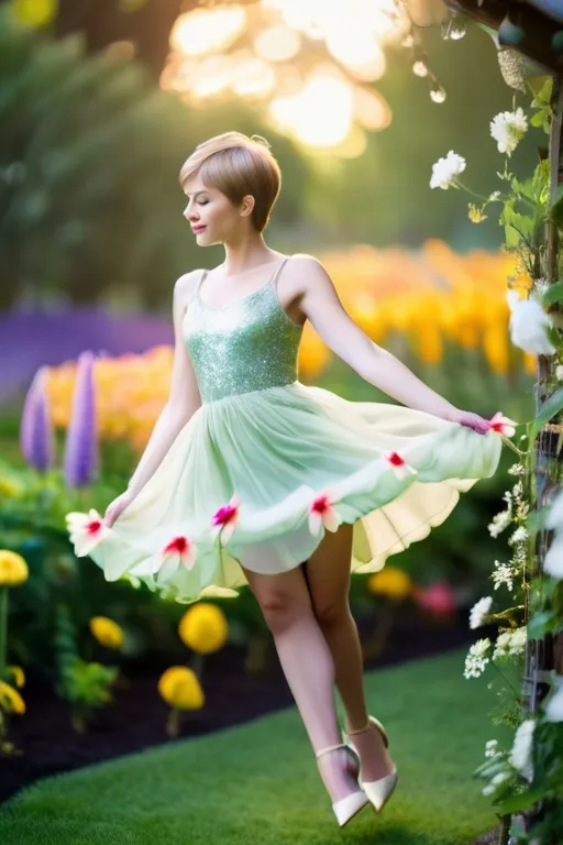 Prompt: A three inch tall woman with short hair, in a short, airy transparent tinker bell dress, flying in a flower garden. Professional photography, bokeh, natural lighting, canon lens, shot on dslr 64 megapixels sharp focus
