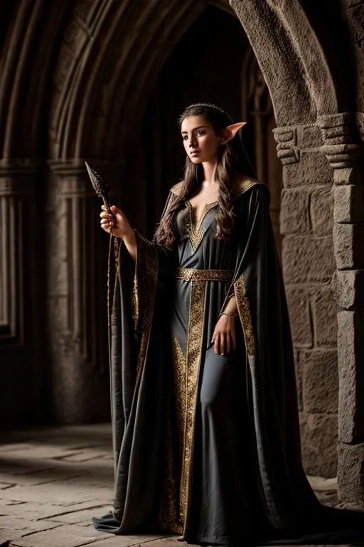Prompt: photo young female elven mage wearing robes, brunette, pointed ears, in a castle with a 25' long black dragon