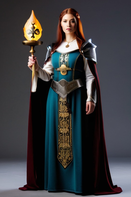 Prompt: full body photo of a female medieval fantasy cleric with holy symbol