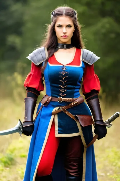 Prompt: full body photo of a female medieval fantasy fighter with weapons