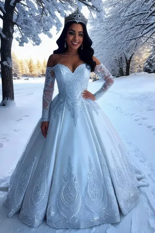 Prompt: beautiful queen of winter, crown on head, smiling, full body, light dress
