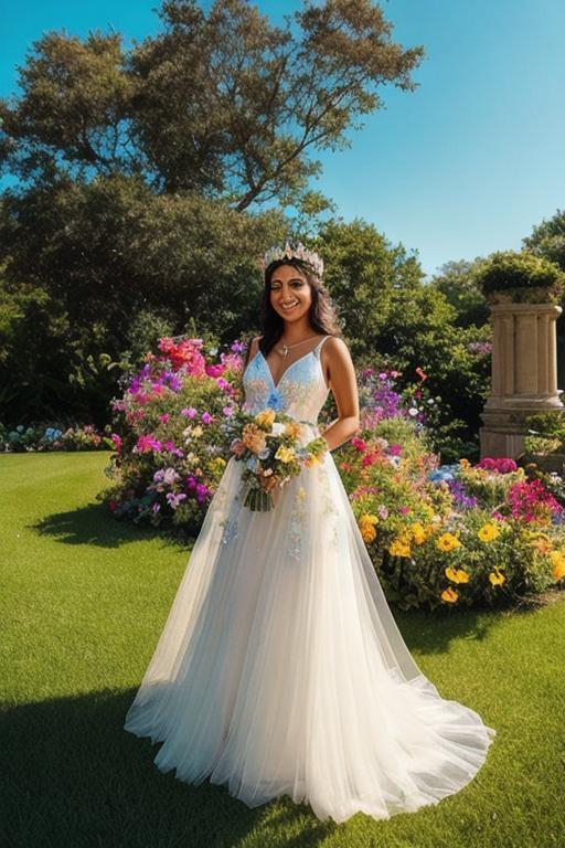 Prompt: beautiful queen of summer, crown of flowers on head, smiling, sheer dress, full body, backlit
