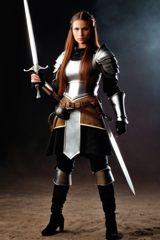 Prompt: full body photo of a female medieval fantasy fighter with weapons