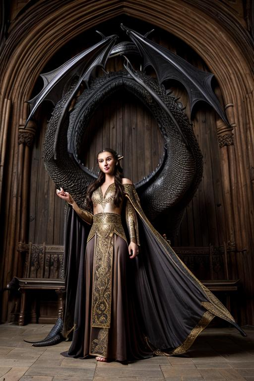 Prompt: photo young female elven mage wearing robes, brunette, pointed ears, in a castle, dynamic pose with a 25' long black dragon