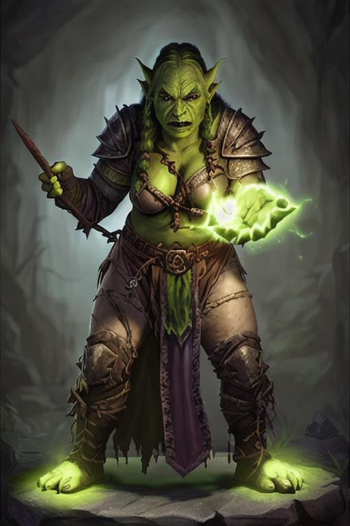 Prompt: a female orc cleric casting a spell ::2 dungeons and dragons character portrait of an orc cleric:: a fantasy battle mage using forbidden dark magic::1.1 --ar 2:3 --v 5 --s 250 --q 2