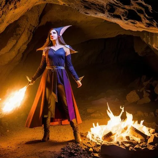 Prompt: 
photo, female elf mage, pointed ears, brunette, dark robes, dynamic pose, casting spell, in cave