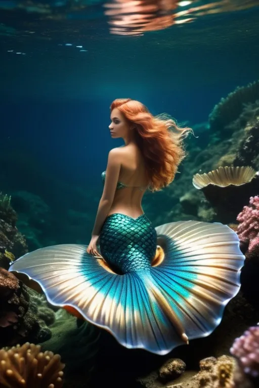 Prompt: highly detailed, full body photo of a mermaid, swimming far below surface. scallop shell top, perfect chest, large chest. Professional photography, bokeh, natural lighting, canon lens, shot on dslr 64 megapixels sharp focus