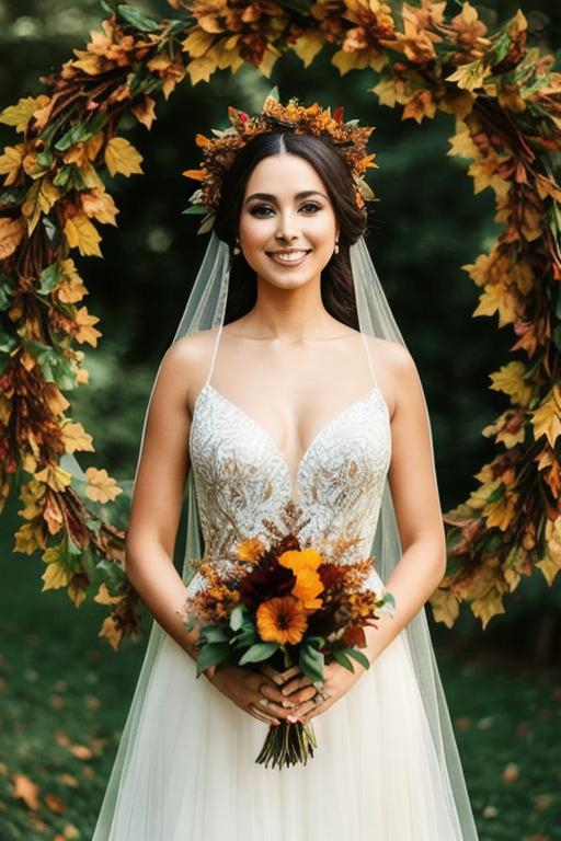 Prompt: beautiful queen of autumn, wreath of leaves on head, smiling, sheer dress, full body, backlit
