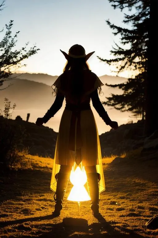 Prompt: Young female elf mage silhouette emitting pure light