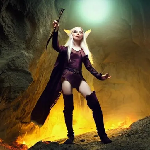 Prompt: 
female elf mage, pointed ears, brunette, dark robes, dynamic pose, casting spell, in cave