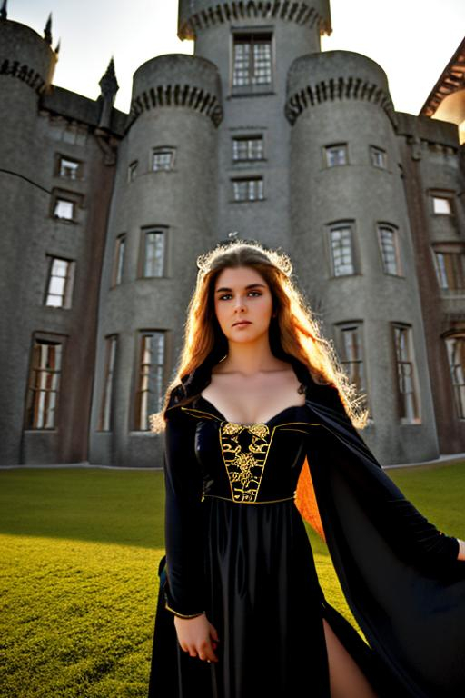 Prompt: photo young female elven mage wearing robes, brunette, pointed ears, in a castle, dynamic pose with a 25' long black dragon