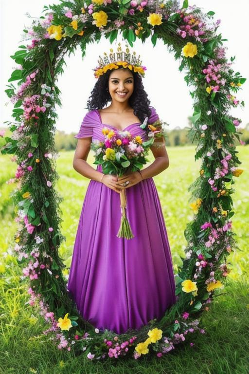 Prompt: beautiful queen of spring, wreath of flowers on head, smiling, gown, full body
