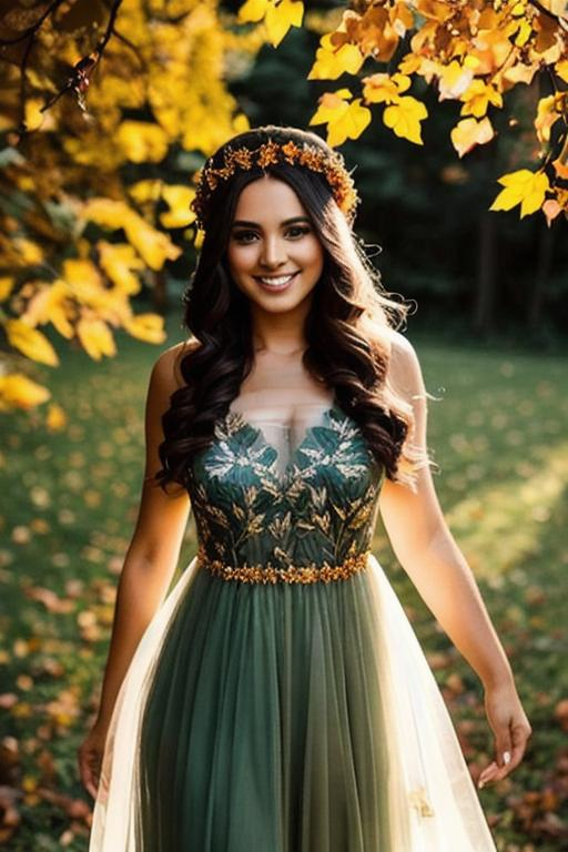 Prompt: beautiful queen of autumn, wreath of leaves on head, smiling, sheer dress, full body, backlit
