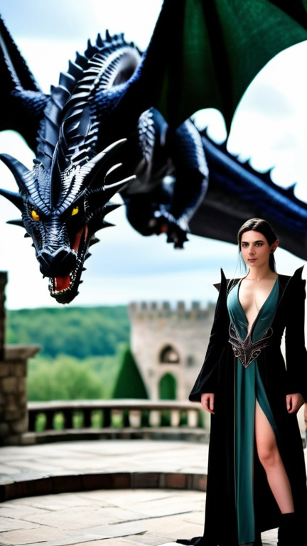 Prompt: photo young female elven mage wearing robes, brunette, pointed ears, in a castle, dynamic pose with a 25' long black dragon