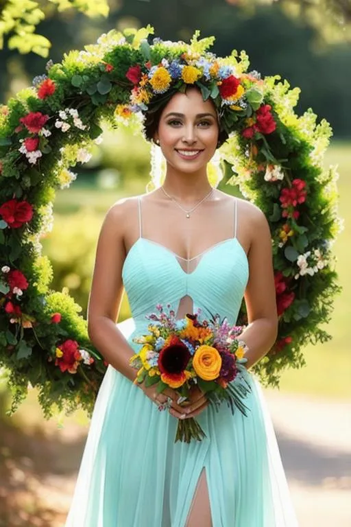 Prompt: beautiful queen of summer, wreath of flowers on head, smiling, sheer dress, full body, backlit
