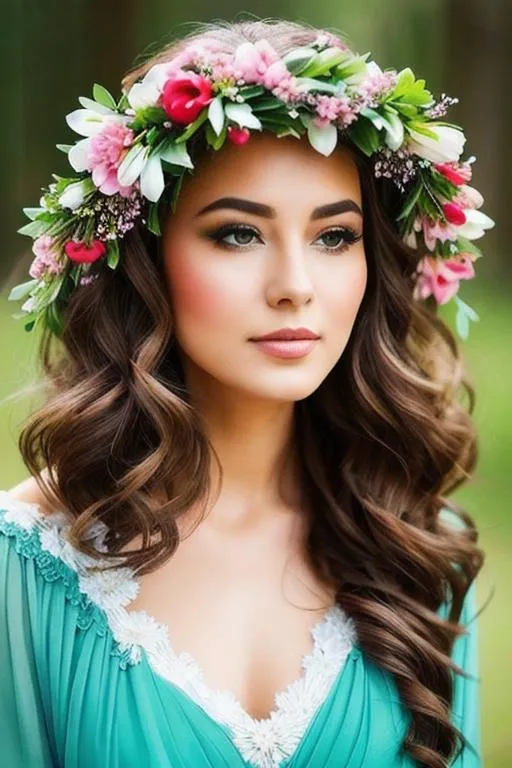 Prompt: beautiful queen of spring, wreath of flowers on head
