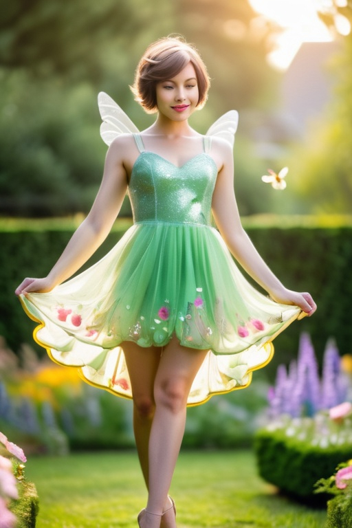 Prompt: A three inch tall woman with short hair, in a short, airy transparent tinker bell dress, flying in a flower garden. Professional photography, bokeh, natural lighting, canon lens, shot on dslr 64 megapixels sharp focus
