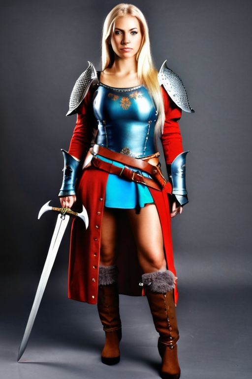 Prompt: full body photo of a female medieval fantasy fighter with weapons