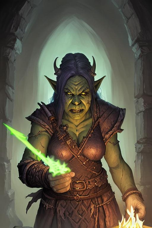 Prompt: a female orc cleric casting a spell ::2 dungeons and dragons character portrait of an orc cleric:: a fantasy battle mage using forbidden dark magic::1.1 --ar 2:3 --v 5 --s 250 --q 2