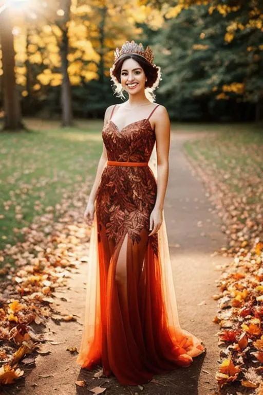 Prompt: beautiful queen of autumn, crown of leaves on head, smiling, sheer dress, full body, backlit
