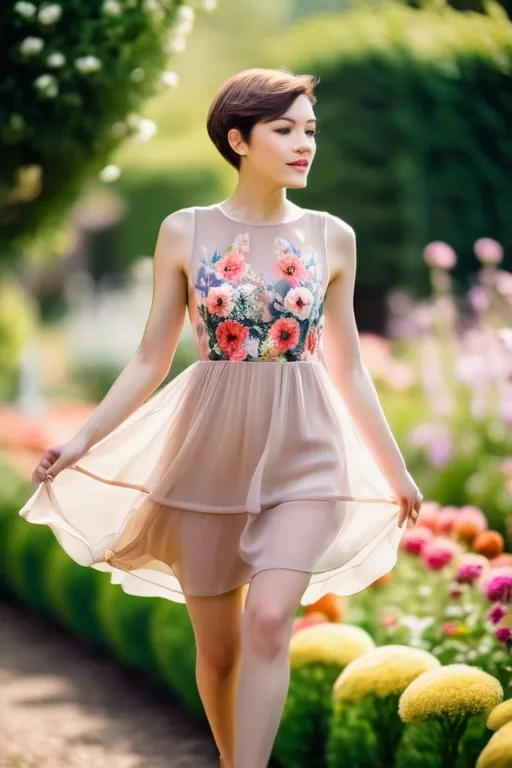 Prompt: A three inch tall woman with short hair, in a short, airy transparent dress, flying in a flower garden. Professional photography, bokeh, natural lighting, canon lens, shot on dslr 64 megapixels sharp focus