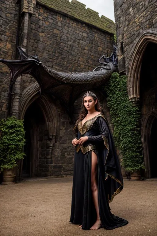 Prompt: photo young female elven mage wearing robes, brunette, pointed ears, in a castle, dynamic pose with a 25' long black dragon