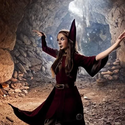 Prompt: 
female elf mage, pointed ears, brunette, dark robes, dynamic pose, casting spell, in cave