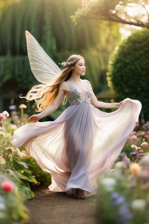 Prompt: A three inch tall faerie with long hair, delicate, intricate wings, in a long, airy transparent dress, flying in a flower garden. Professional photography, bokeh, natural lighting, canon lens, shot on dslr 64 megapixels sharp focus