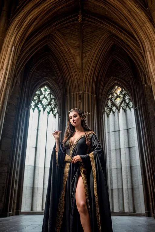 Prompt: photo young female elven mage wearing robes, brunette, pointed ears, in a castle, dynamic pose with a 25' long black dragon