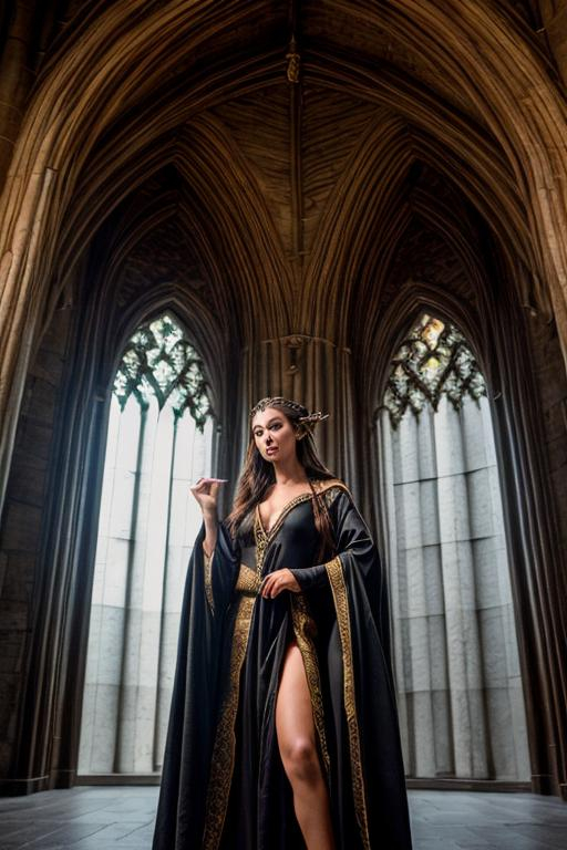 Prompt: photo young female elven mage wearing robes, brunette, pointed ears, in a castle, dynamic pose with a 25' long black dragon