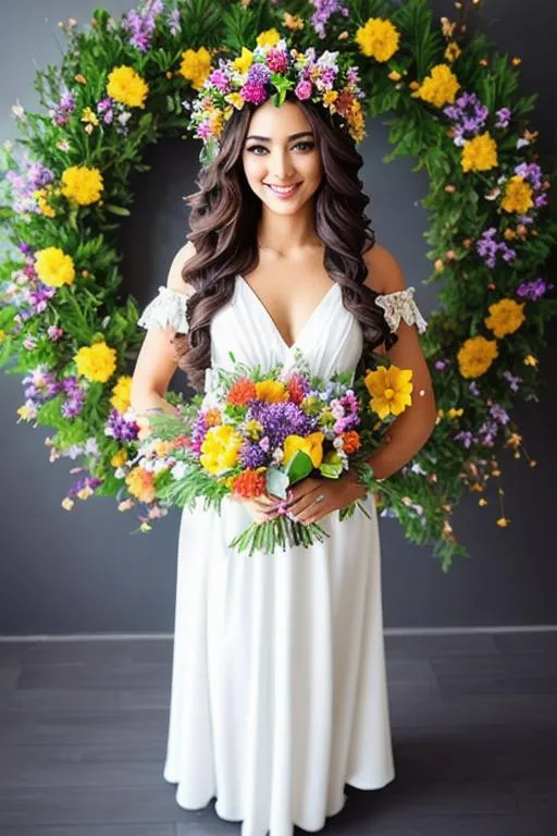 Prompt: beautiful queen of spring, wreath of flowers on head, smiling, gown, full body
