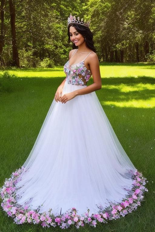 Prompt: beautiful queen of summer, crown of flowers on head, smiling, sheer dress, full body, backlit
