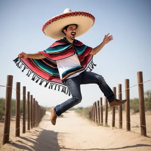 Prompt: Mexican guy with sombrero and poncho jumping over a border