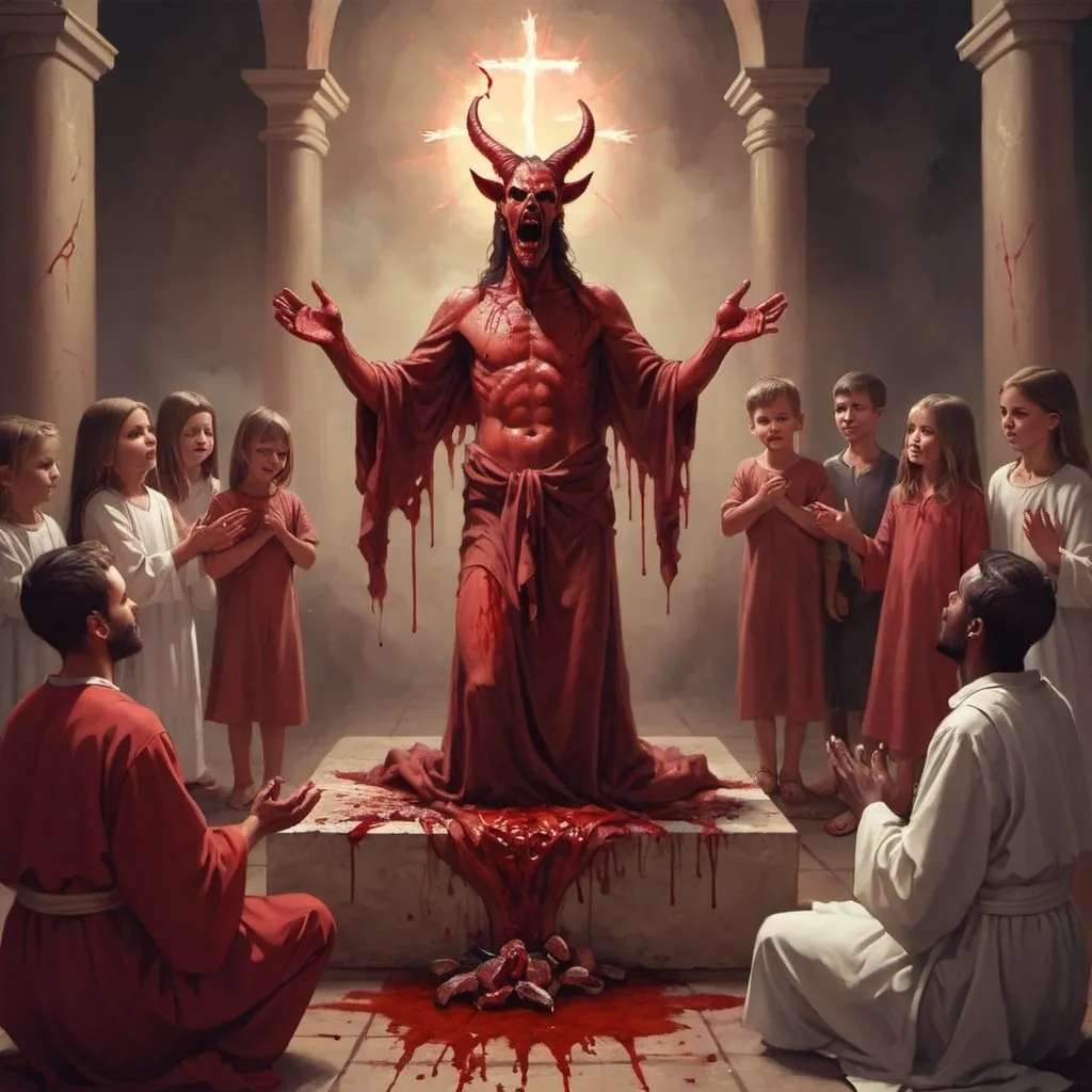 Prompt: guy praising Satan in a ritual with blood and sacrificing children