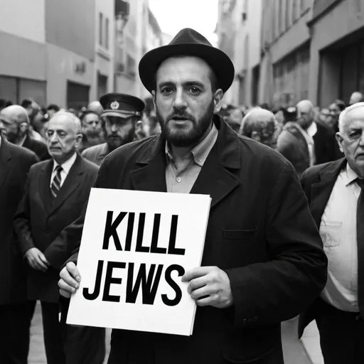 Prompt: man holding sign saying kill all jews