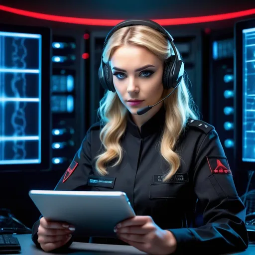 Prompt: Symmetrical   front view, red-lit dark server room , wavy  blonde hair female army cyber technician black uniform, futuristic eyes visor headset, sitting, typing on electronic tablet 
