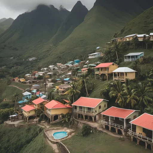 Prompt: a small  caribbean village on the side of a moutain
