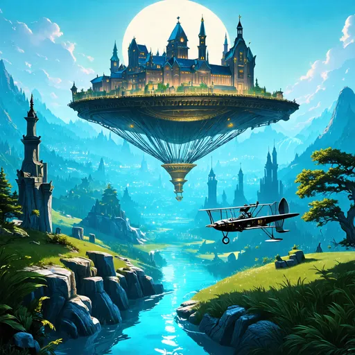 Prompt: A fantastical steampunk city on a glowing floating platform flying high above an untouched wilderness. The platform looks like an ancient magical construction. The wilderness looks lush. In the foreground, an ornate magical aircraft which flys ahead of the city, large enough that you can see into the comfortable cockpit.