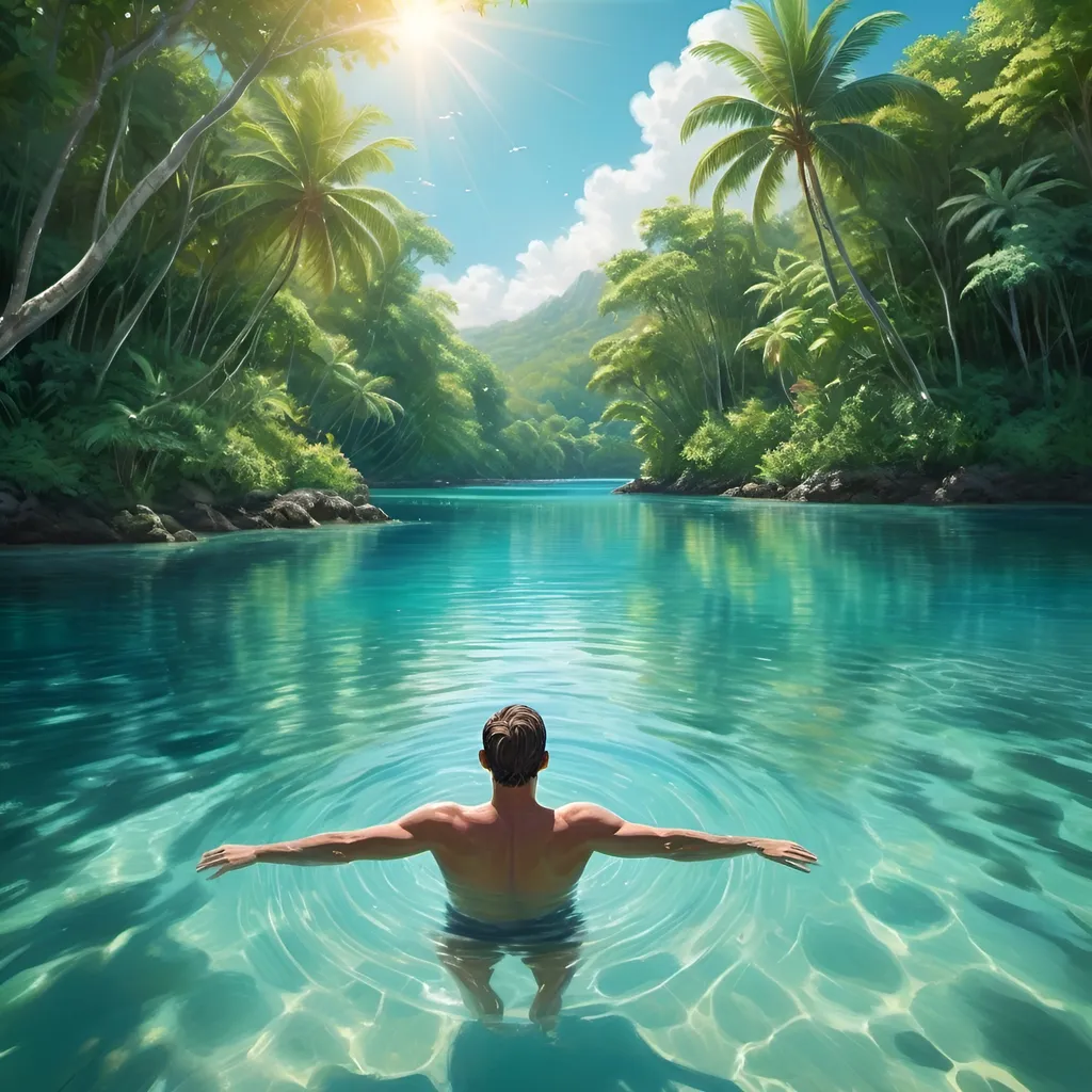 Prompt: a swimmer relaxing in a crystal clear water with tropical trees seen from a far. 