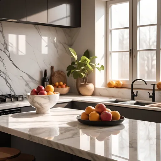 Prompt: A marble table top with a warm feeling, a plate of fruits, sunlight on it, a cozy and modern kitchen style. 
