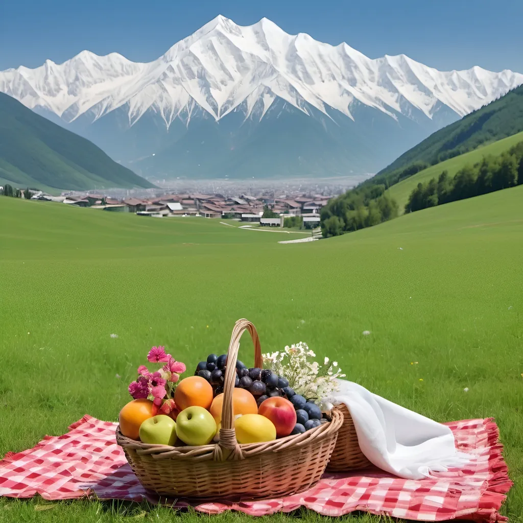 Prompt: Photo of a picnic rag on a green meadow with a basket of fruits and flowers. Greenery country with snow mountain seen from far.