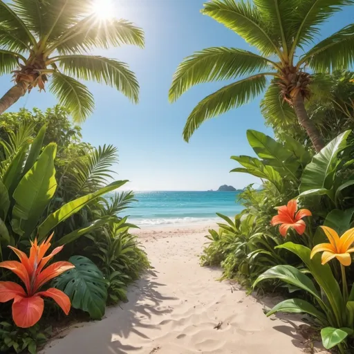 Prompt: Summer shot background, vibrant colors, natural lighting, high quality, lush greenery, bright sunlight, refreshing tropical vibe, beach setting, clear blue sky, product display area, professional photography, warm tones, coastal theme, realistic flora and fauna, sunny ambiance
